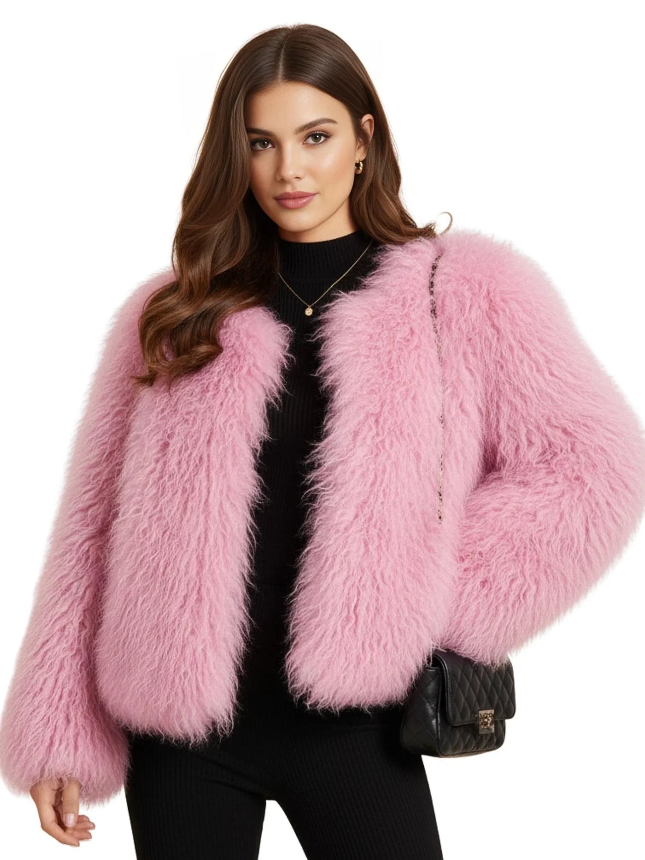 Woman wearing a pink faux fur coat on a white background