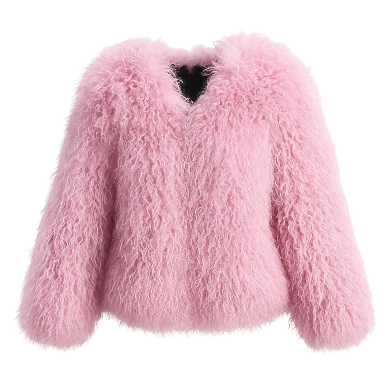 Pink fluffy faux fur coat on a white background