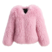 Thumbnail for Pink fluffy faux fur coat on a white background