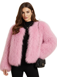 Thumbnail for Woman wearing a pink faux fur coat on a white background