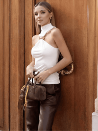 Thumbnail for Women's Gold Ring Tank Top Sleeveless Camisole Skinny Knitted Tops, Drestiny, Tank Tops, Sleeveless, Camisoles, Mock Neck, Casual Shirts, S, M, L, XL, 4, 6, 8, 10, 12, United States, USA, Canada, Australia, New Zealand, United Kingdom, Gender_Women, UK, White, Black, Brown, Pink, Green, gold ring tank top women, metal ring tank top, o ring tank top, gold hardware tank top, gold ring detail tank top, shopdrestiny.com