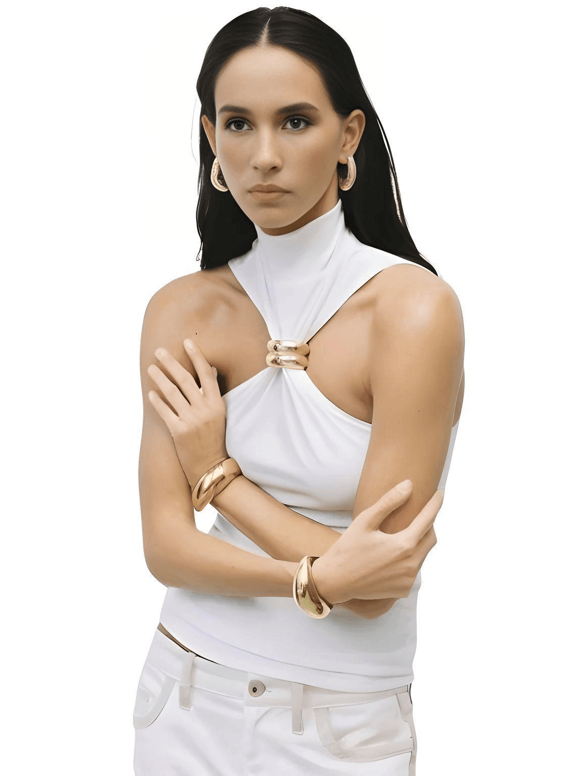 Women's Gold Ring Tank Top Sleeveless Camisole Skinny Knitted Tops, Drestiny, Tank Tops, Sleeveless, Camisoles, Mock Neck, Casual Shirts, S, M, L, XL, 4, 6, 8, 10, 12, United States, USA, Canada, Australia, New Zealand, United Kingdom, Gender_Women, UK, White, Black, Brown, Pink, Green, gold ring tank top women, metal ring tank top, o ring tank top, gold hardware tank top, gold ring detail tank top, shopdrestiny.com