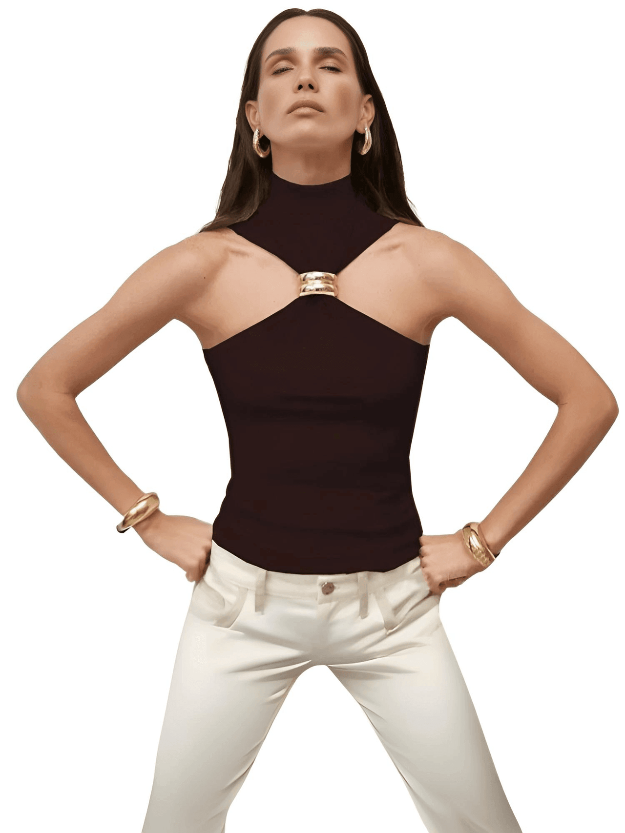 Women's Gold Ring Tank Top Sleeveless Camisole Skinny Knitted Tops, Drestiny, Tank Tops, Sleeveless, Camisoles, Mock Neck, Casual Shirts, S, M, L, XL, 4, 6, 8, 10, 12, United States, USA, Canada, Australia, New Zealand, United Kingdom, Gender_Women, UK, White, Black, Brown, Pink, Green, gold ring tank top women, metal ring tank top, o ring tank top, gold hardware tank top, gold ring detail tank top, shopdrestiny.com