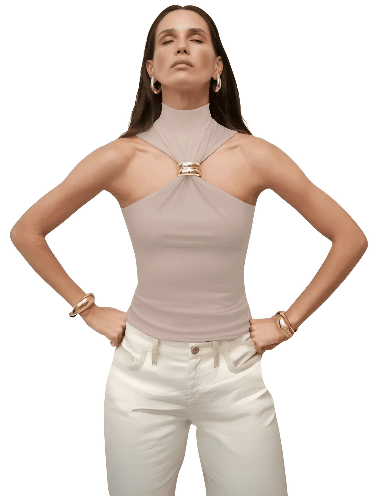 Women's Gold Ring Tank Top Sleeveless Camisole Skinny Knitted Tops, Drestiny, Tank Tops, Sleeveless, Camisoles, Mock Neck, Casual Shirts, S, M, L, XL, 4, 6, 8, 10, 12, United States, USA, Canada, Australia, New Zealand, United Kingdom, Gender_Women, UK, White, Black, Brown, Pink, Green, gold ring tank top women, metal ring tank top, o ring tank top, gold hardware tank top, gold ring detail tank top, shopdrestiny.com