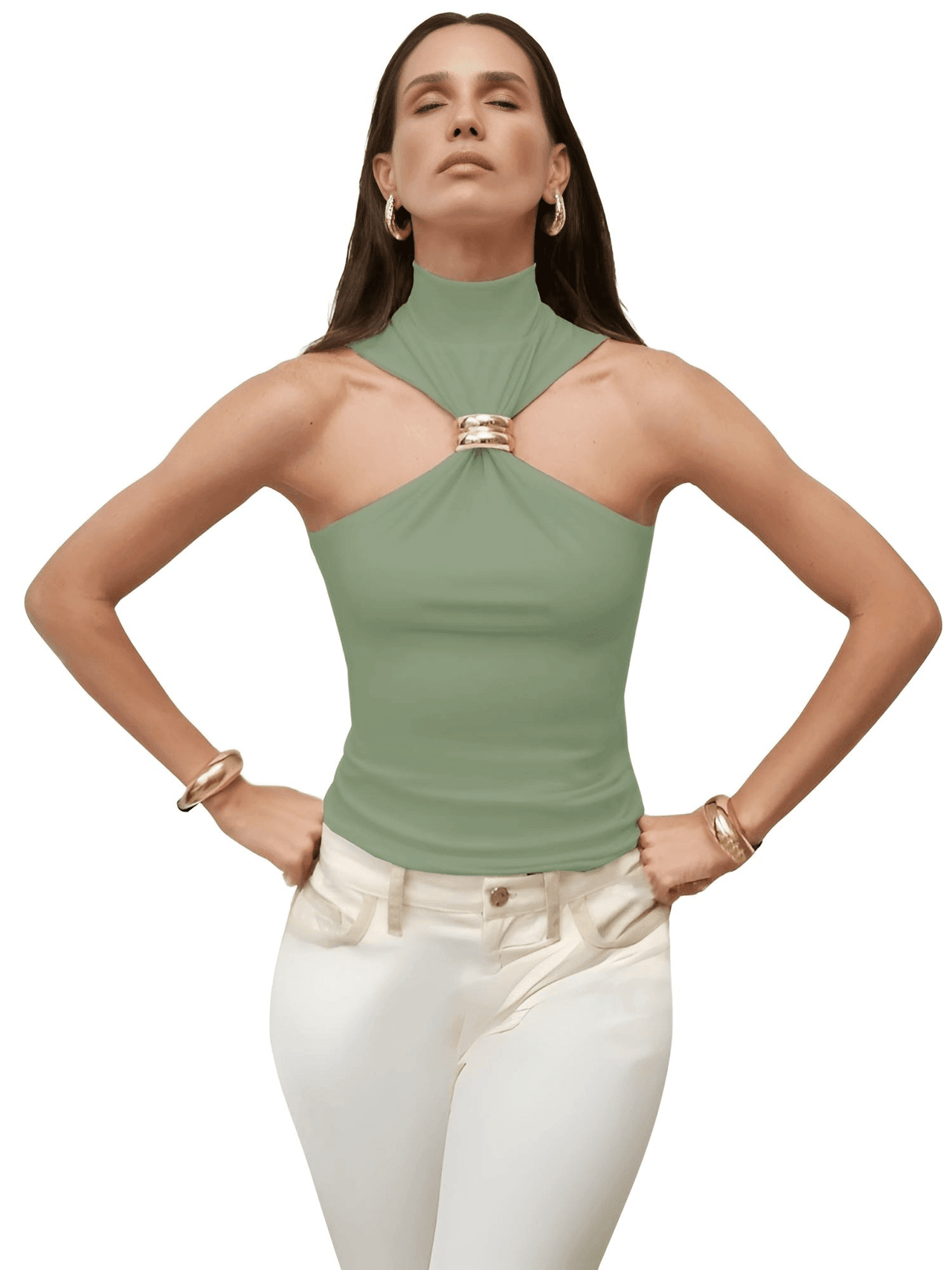 Women's Gold Ring Tank Top Sleeveless Camisole Skinny Knitted Tops, Drestiny, Tank Tops, Sleeveless, Camisoles, Mock Neck, Casual Shirts, S, M, L, XL, 4, 6, 8, 10, 12, United States, USA, Canada, Australia, New Zealand, United Kingdom, Gender_Women, UK, White, Black, Brown, Pink, Green, gold ring tank top women, metal ring tank top, o ring tank top, gold hardware tank top, gold ring detail tank top, shopdrestiny.com
