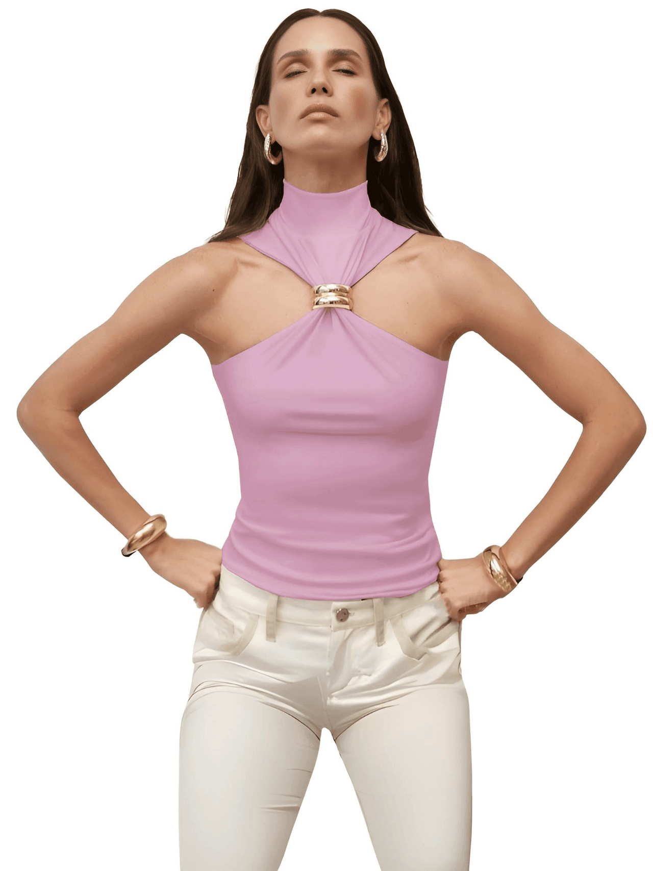 Women's Gold Ring Tank Top Sleeveless Camisole Skinny Knitted Tops, Drestiny, Tank Tops, Sleeveless, Camisoles, Mock Neck, Casual Shirts, S, M, L, XL, 4, 6, 8, 10, 12, United States, USA, Canada, Australia, New Zealand, United Kingdom, Gender_Women, UK, White, Black, Brown, Pink, Green, gold ring tank top women, metal ring tank top, o ring tank top, gold hardware tank top, gold ring detail tank top, shopdrestiny.com