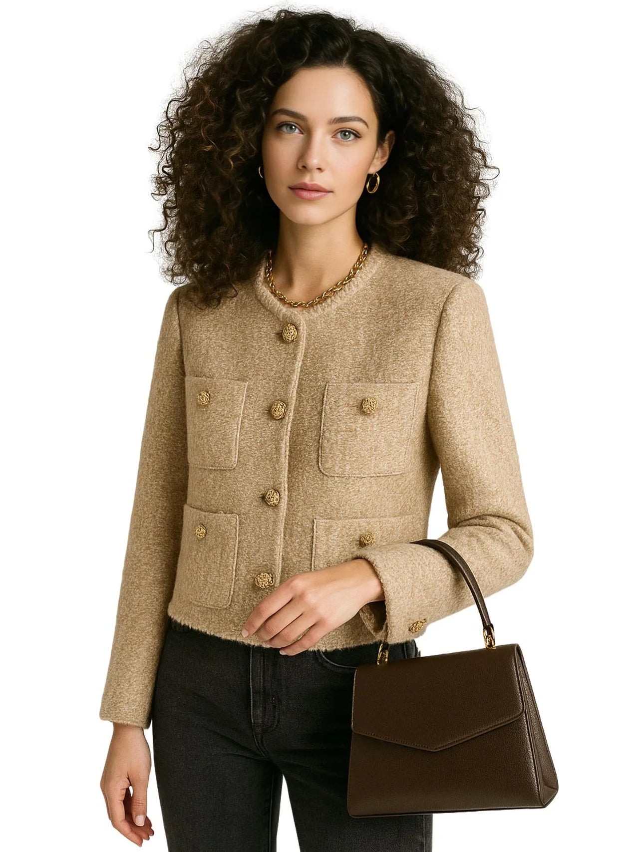 Woman wearing a gold tweed jacket holding a brown handbag on a white background