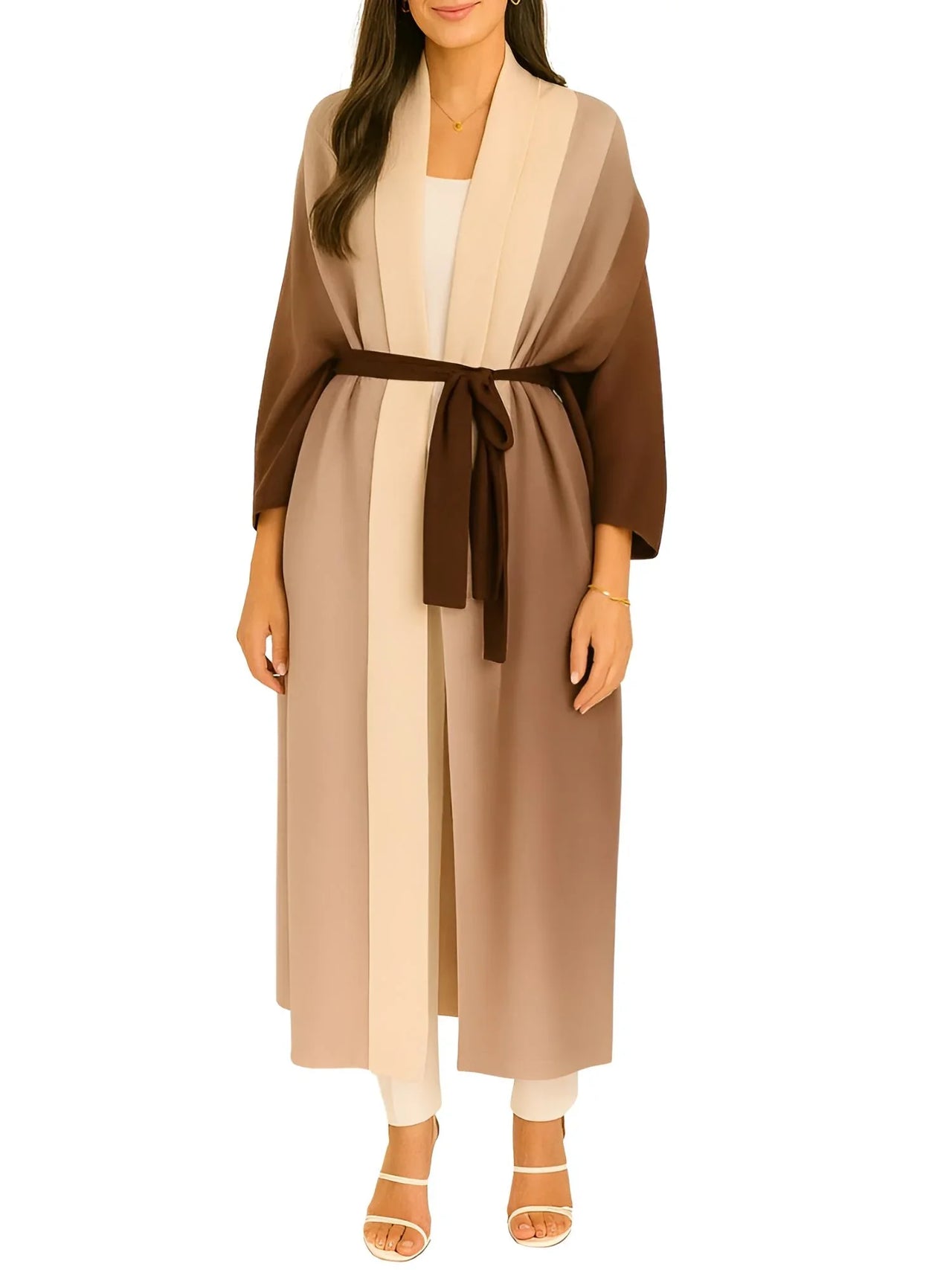 Woman wearing a long, light brown kimono-style jacket with a belt on a white background