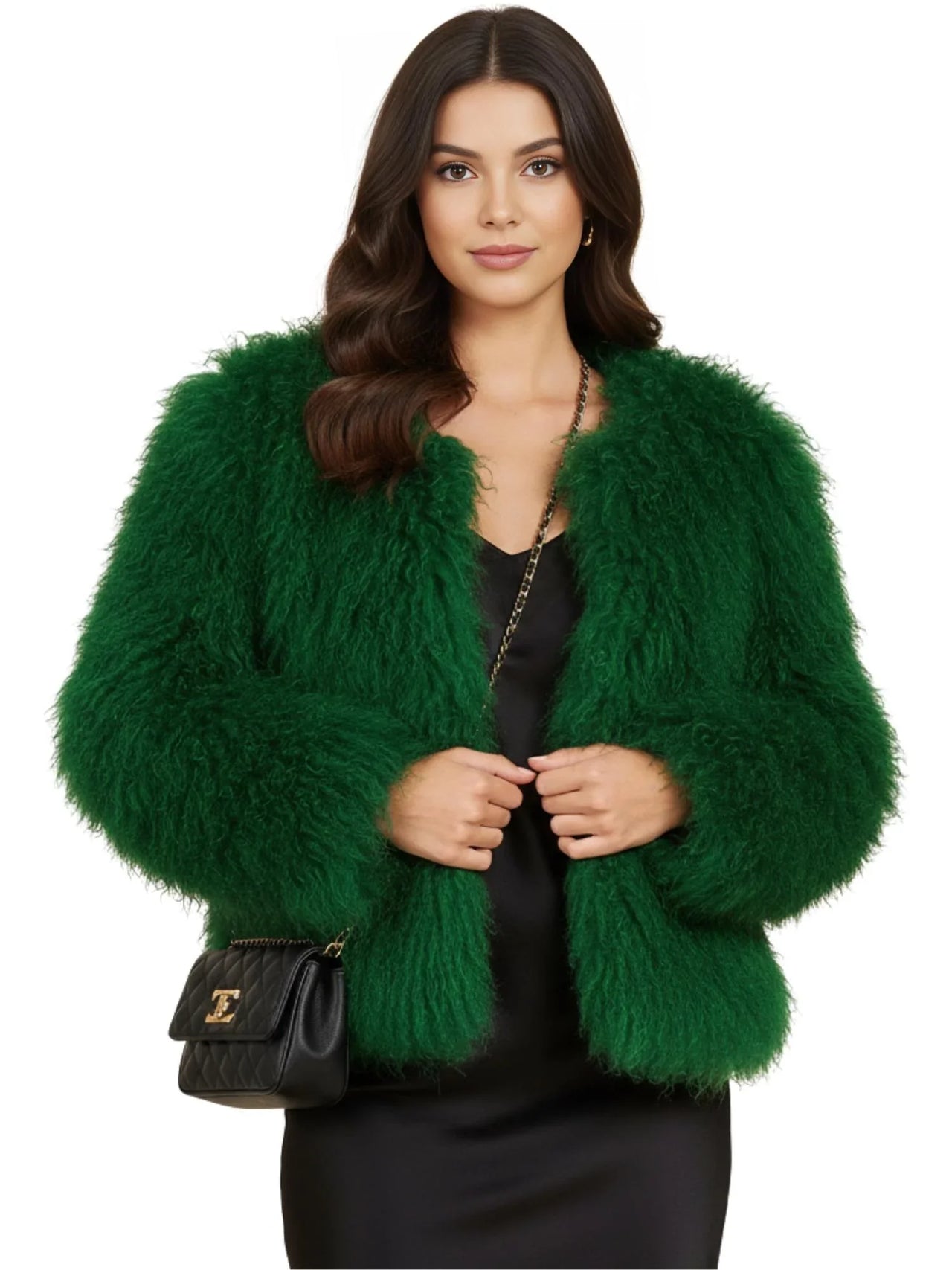 Woman wearing a green fluffy faux fur jacket on a white background