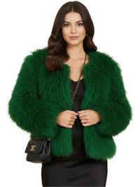 Thumbnail for Woman wearing a green fluffy faux fur jacket on a white background