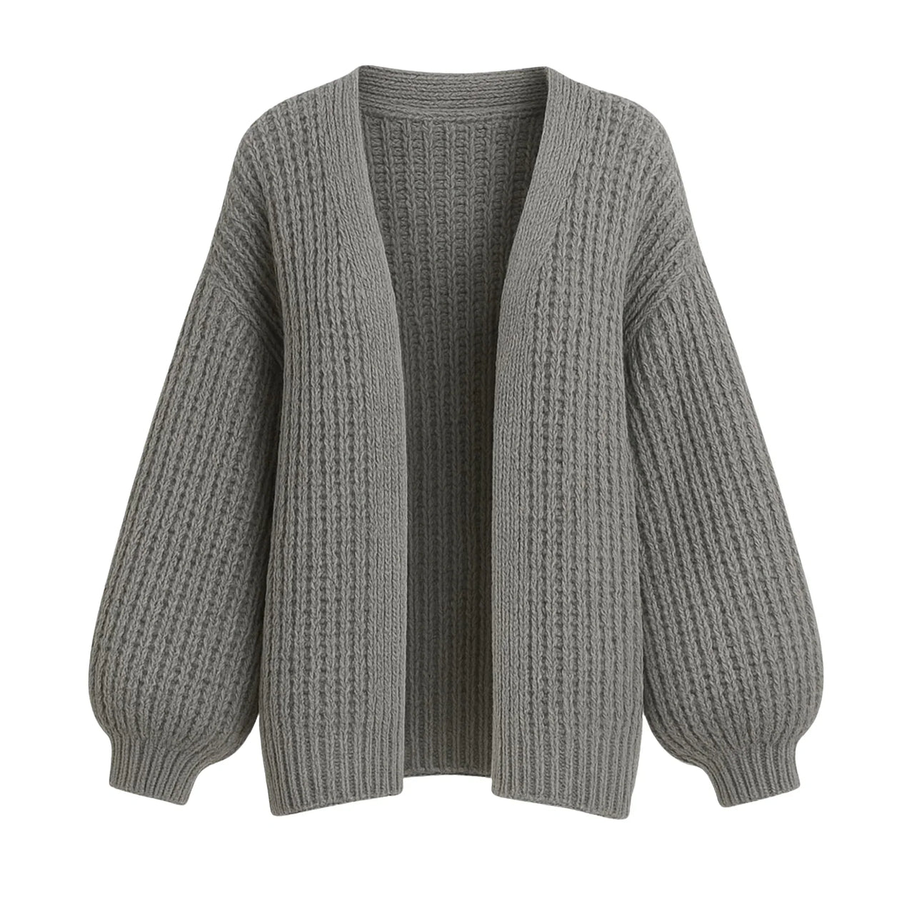 Grey ribbed oversized cardigan on a white background