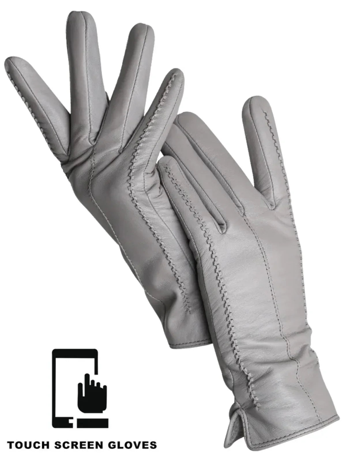 Grey leather gloves with a touch screen icon on a white background