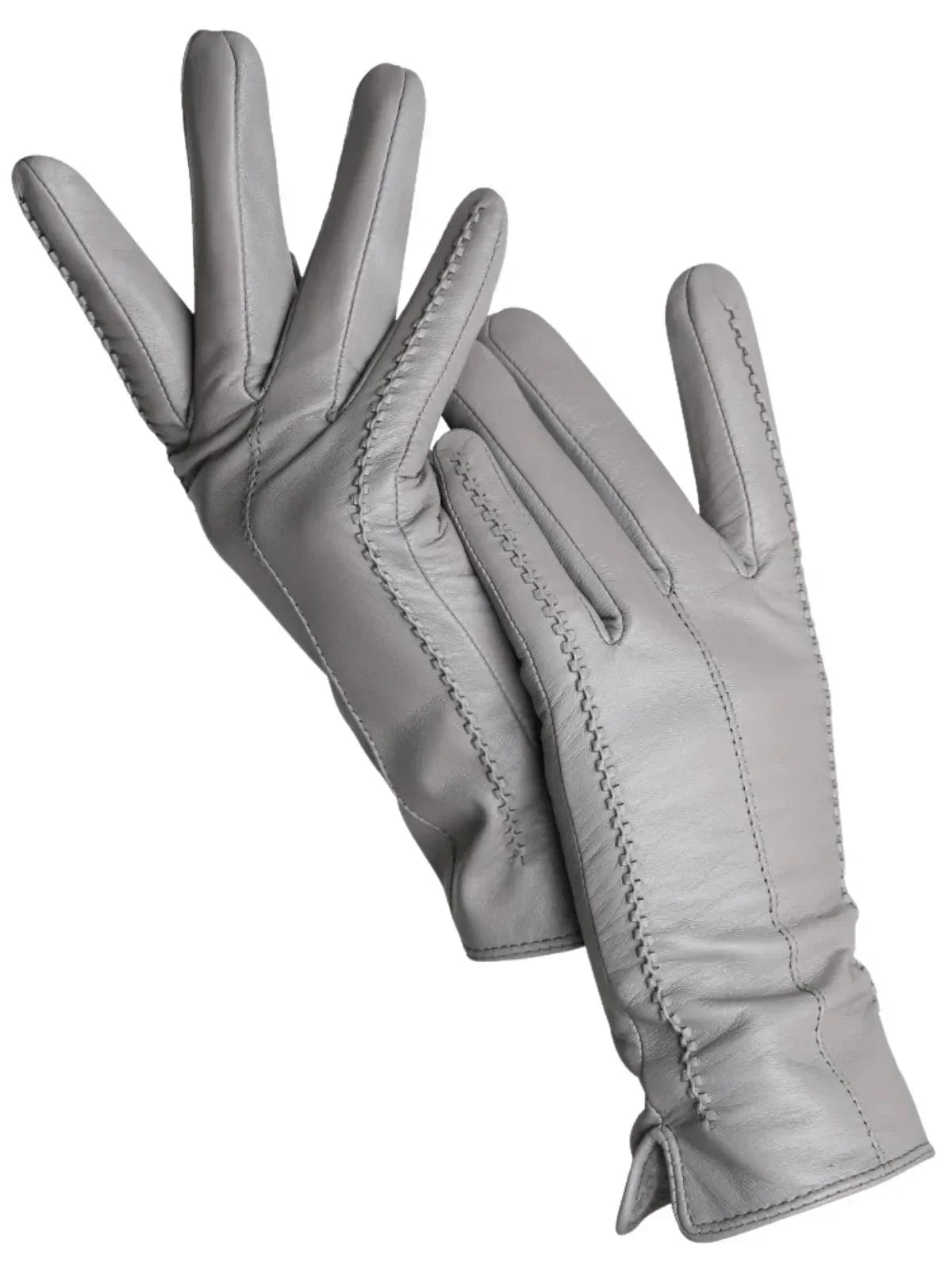 Pair of grey leather gloves on a white background