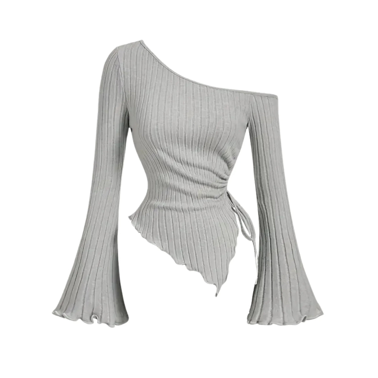 Gray ribbed long-sleeve asymmetrical top with long flared sleeves on a white background