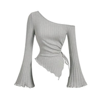 Thumbnail for Gray ribbed long-sleeve asymmetrical top with long flared sleeves on a white background