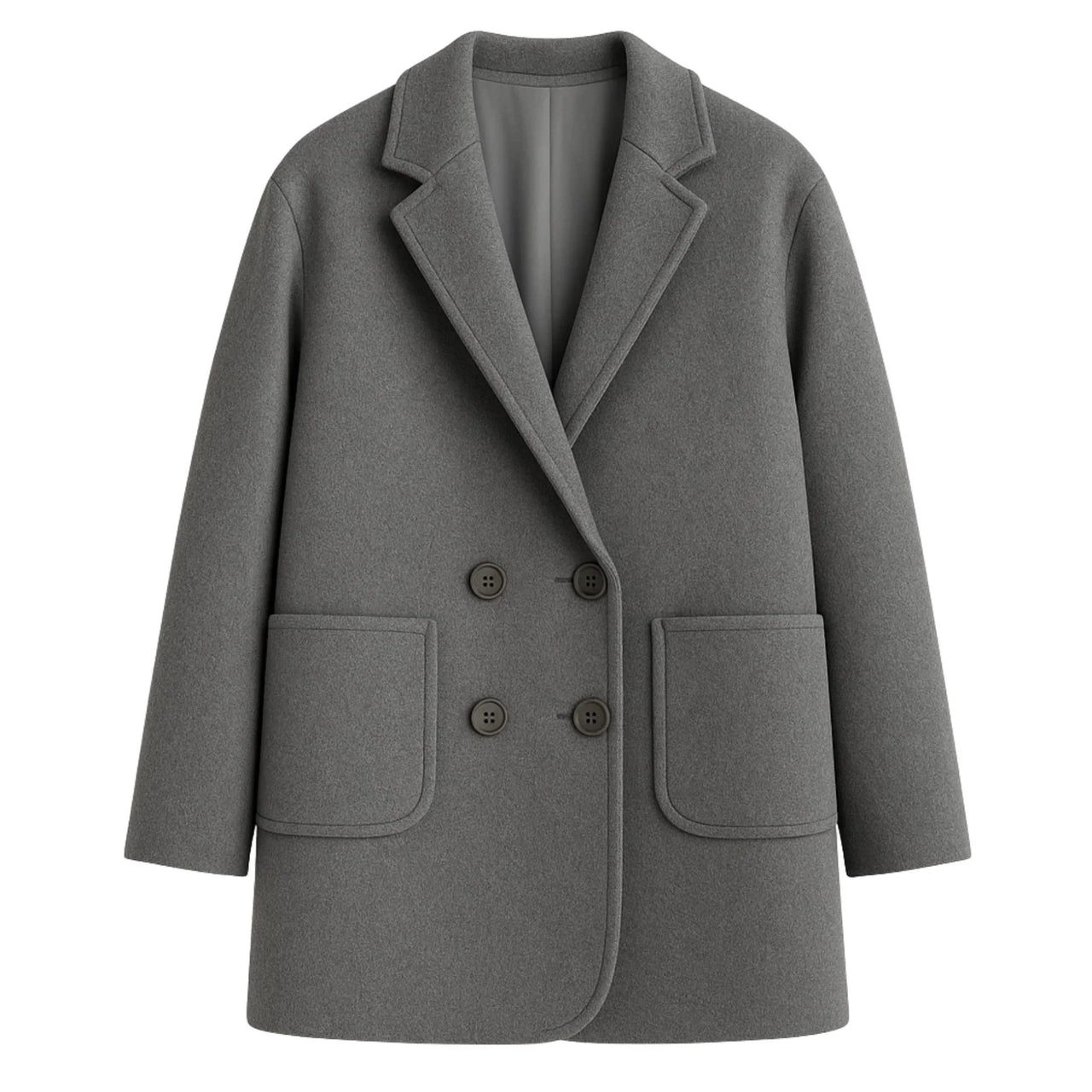 Grey wool coat with double-breasted buttons on a white background