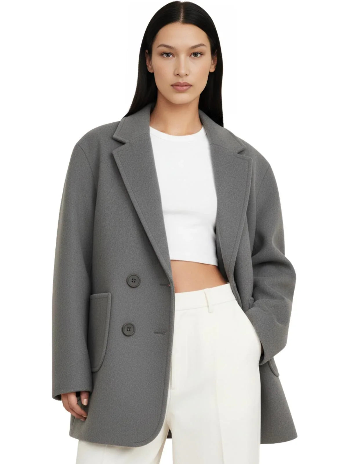 Women's Wool Coats Loose Casual Double Breasted Retro Jacket Office Lady Outerwear