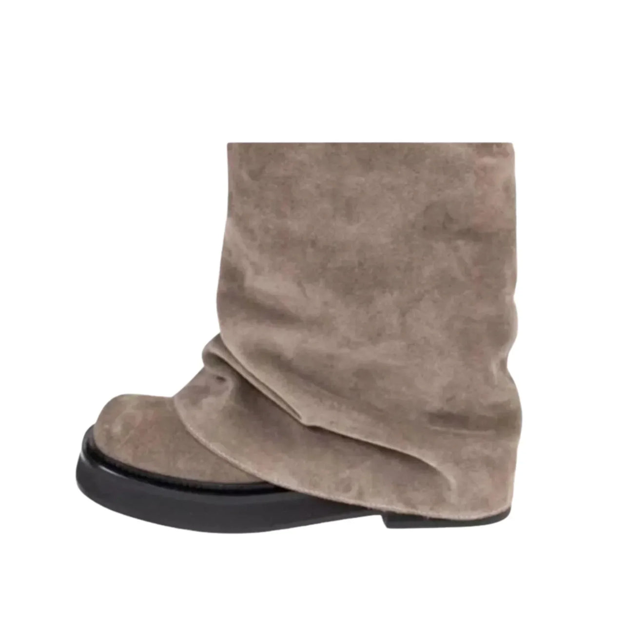 Brown suede ankle boot with a black sole on a white background