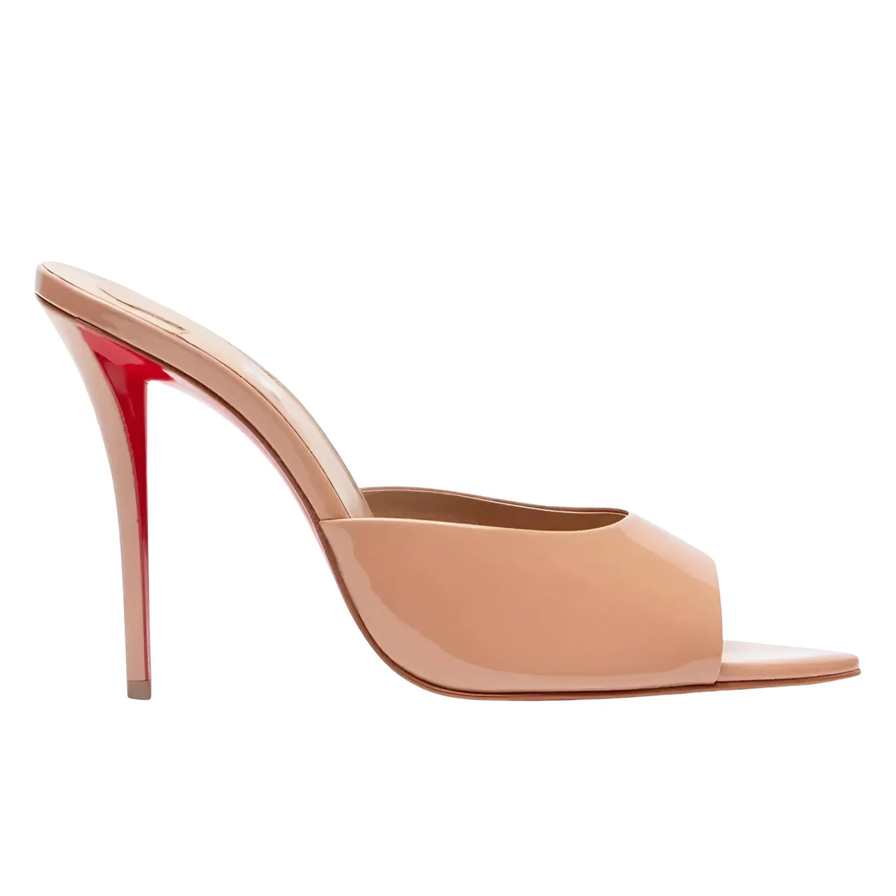 Nude high-heeled sandal with red sole on a white background