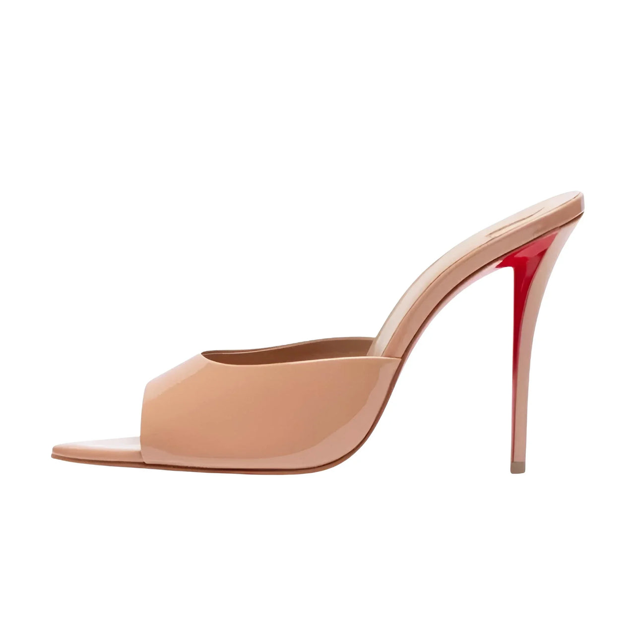 Nude high-heeled shoe with a red sole on a white background