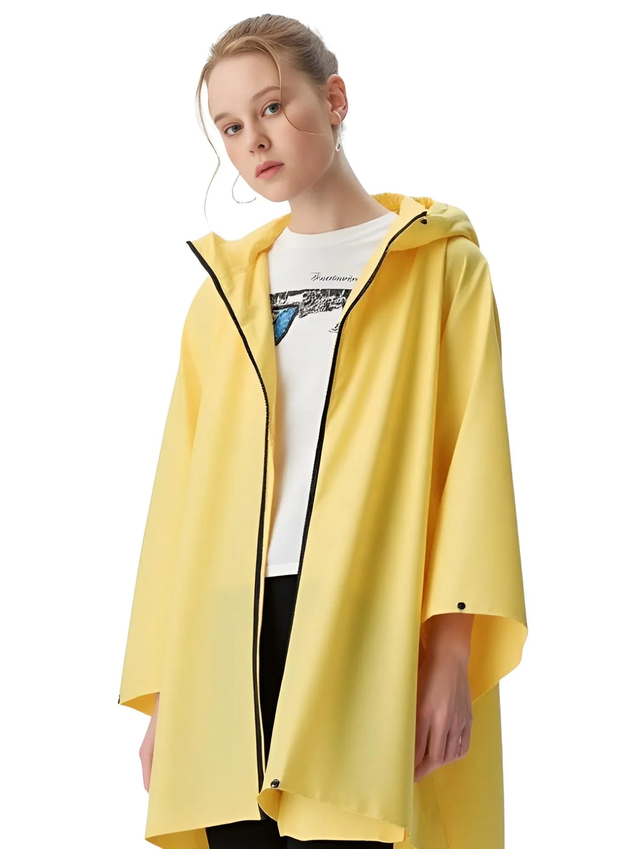 Person wearing a yellow raincoat over a white shirt with black text on a white background