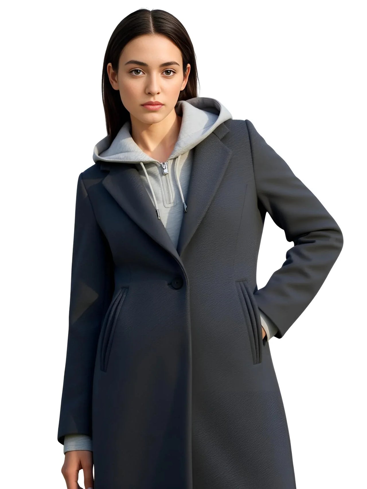 Woman wearing a long dark grey coat with light grey hoodie on a white background