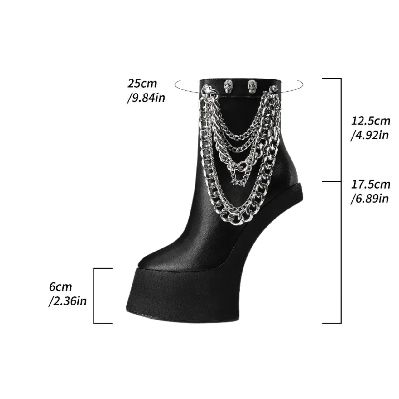Black platform boot with chain detail and measurements on a white background