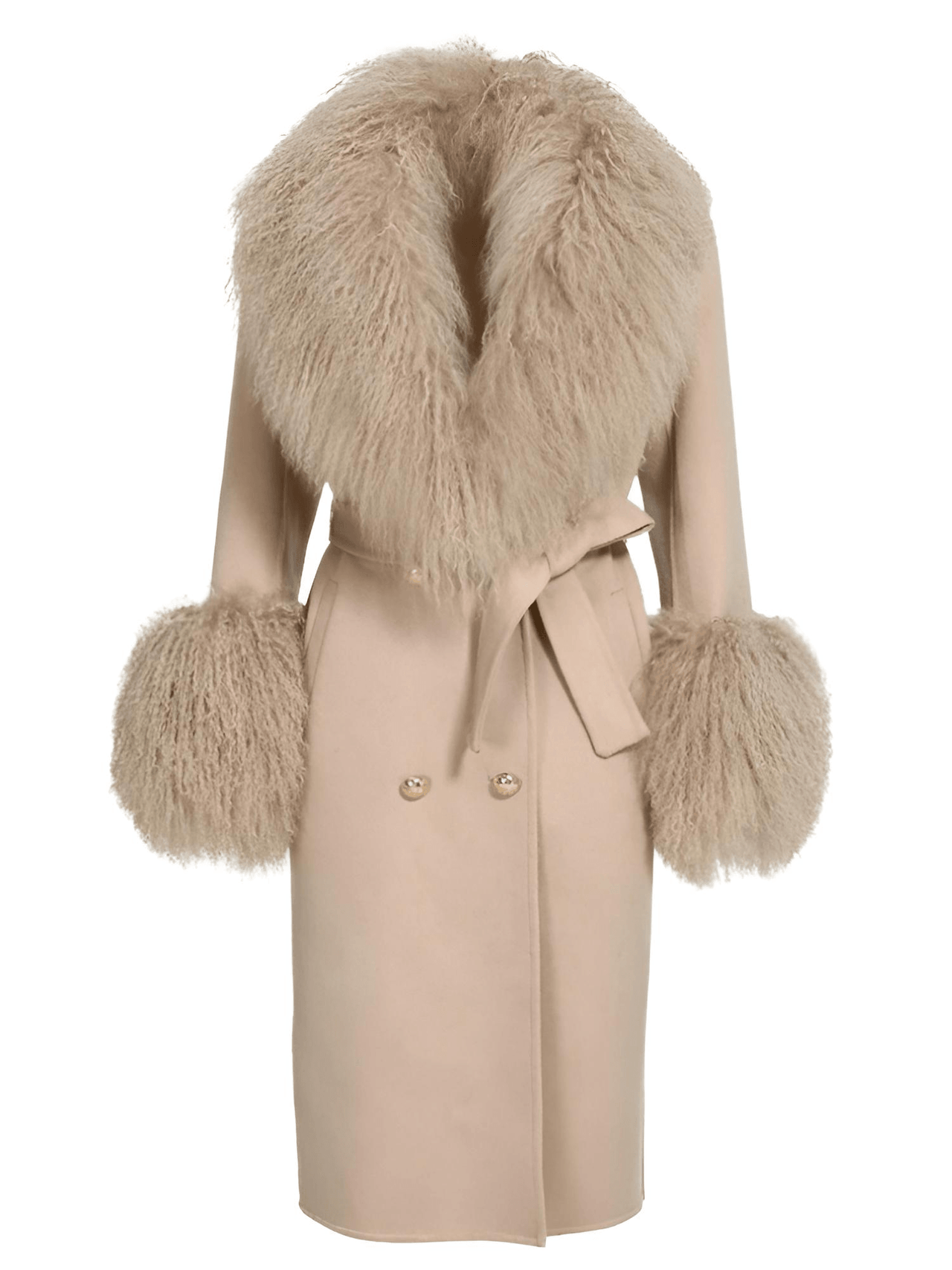 Women's Wool Cashmere Coat With Real Mongolian Sheep Fur Collar and Cuffs Ladies Double Faced Coats Belted Winter Fall Long Coat -, Coats , Drestiny , Australia, Black, Blue, Brown, Coats, Coffee, Dark Brown, Fuchsia, Green, Khaki, L, Light Grey, Light Purple, Lilac, M, Mint, Mint Green, Neon Green, Orange, Pink, Purple, Red, Royal Blue, S, Teal, United Kingdom, United States, Violet Red, White, XL, XXL , Drestiny , www.shopdrestiny.com