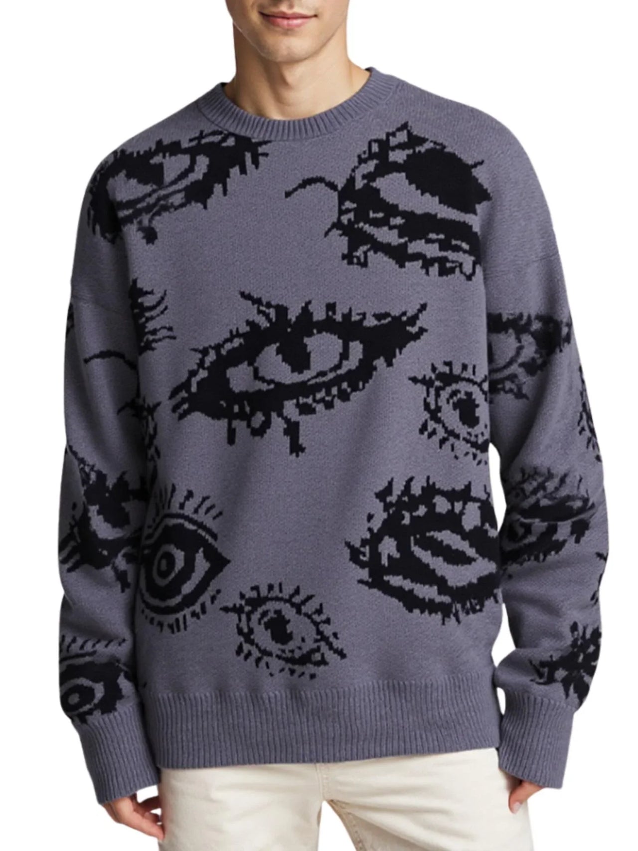New Popular Men's Abstract Eye Pullover Jacquard Pattern Sweater Casual Round Neck Knitted Men's Pullover
