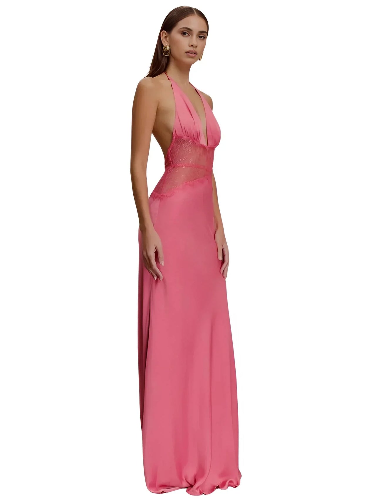 Women's Lace Halter Maxi Dress Deep V Neck Sleeveless High Waist Elegant Long Dress, Maxi Dresses, Dresses, Drestiny, Sleeveless, S, M, L, 4, 6, 8, 10, White, Pink, Black, United States, USA, Canada, Australia, New Zealand, United Kingdom, UK, lace halter maxi dress, women's pink lace maxi dress halter, long lace halter dress, boho lace halter maxi dress, formal lace halter dress, lace halter neck maxi dress, ladies lace maxi dress halter, occasion wear lace halter maxi dress, shopdrestiny.com