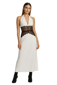 Thumbnail for White halter neck dress with black lace detail on a white background