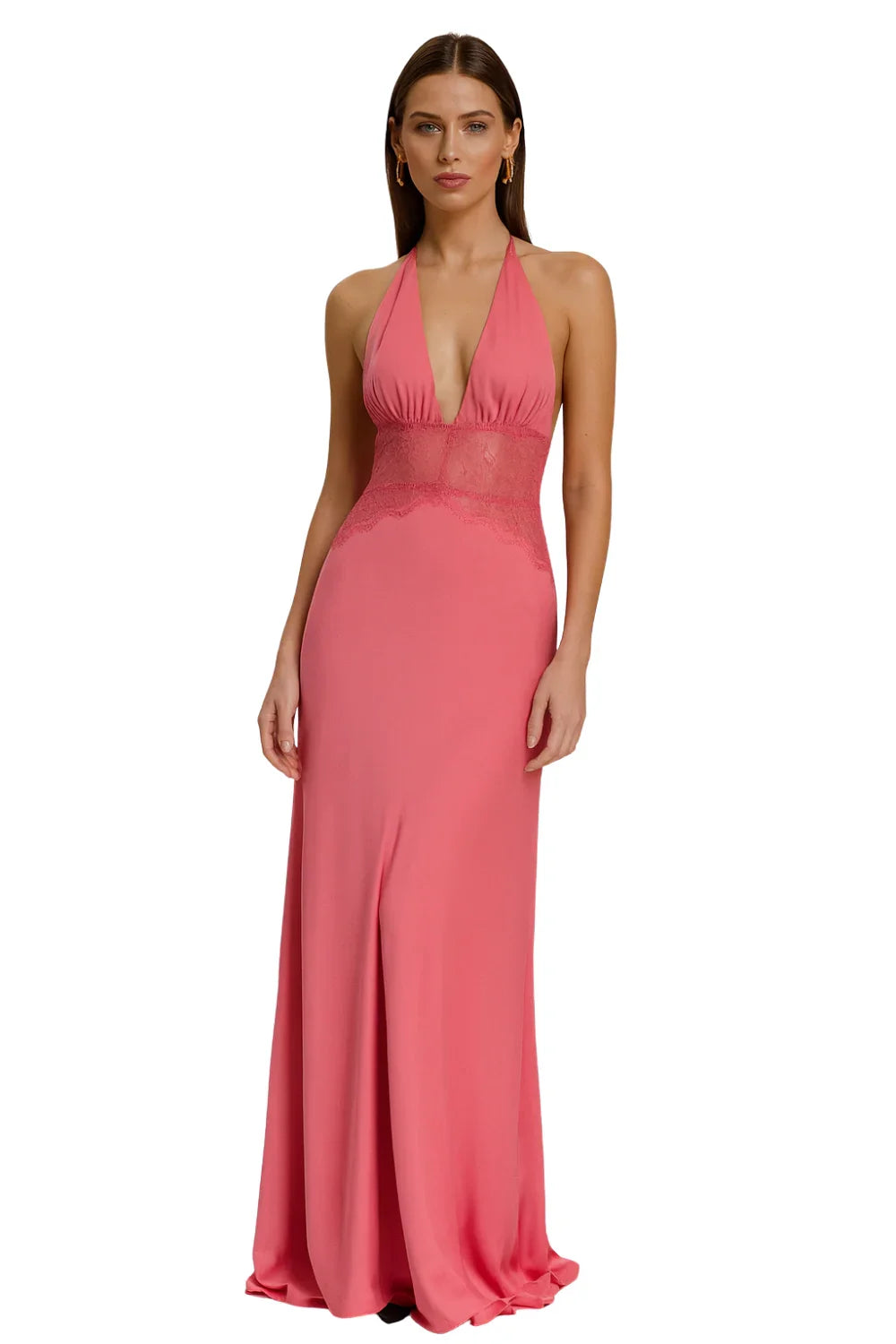 Woman wearing a pink halter neck gown on a white background