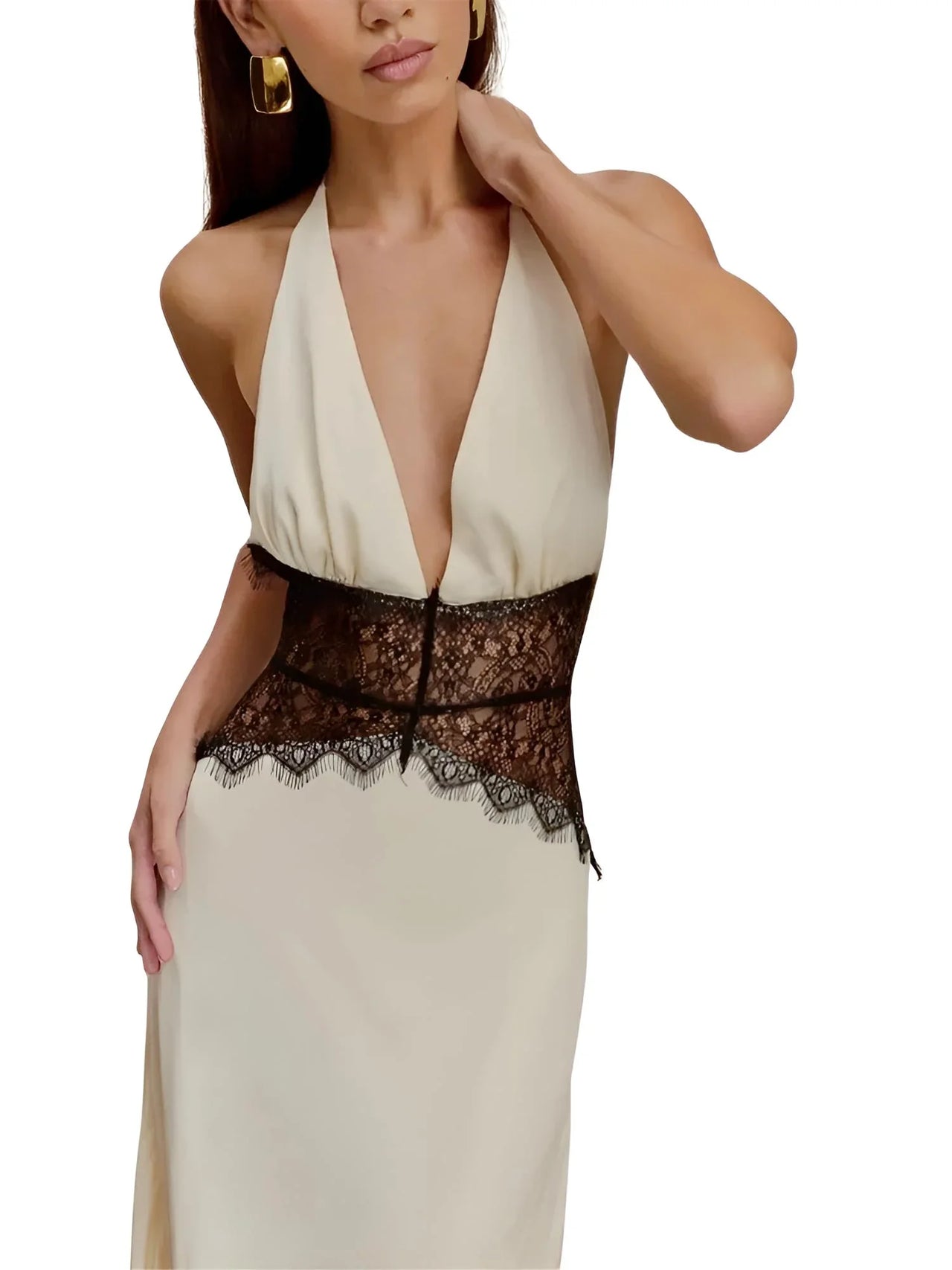 Women's Lace Halter Maxi Dress Deep V Neck Sleeveless High Waist Elegant Long Dress, Maxi Dresses, Dresses, Drestiny, Sleeveless, S, M, L, 4, 6, 8, 10, White, Pink, Black, United States, USA, Canada, Australia, New Zealand, United Kingdom, UK, lace halter maxi dress, women's white lace maxi dress halter, long lace halter dress, boho lace halter maxi dress, formal lace halter dress, lace halter neck maxi dress, ladies lace maxi dress halter, occasion wear lace halter maxi dress, shopdrestiny.com