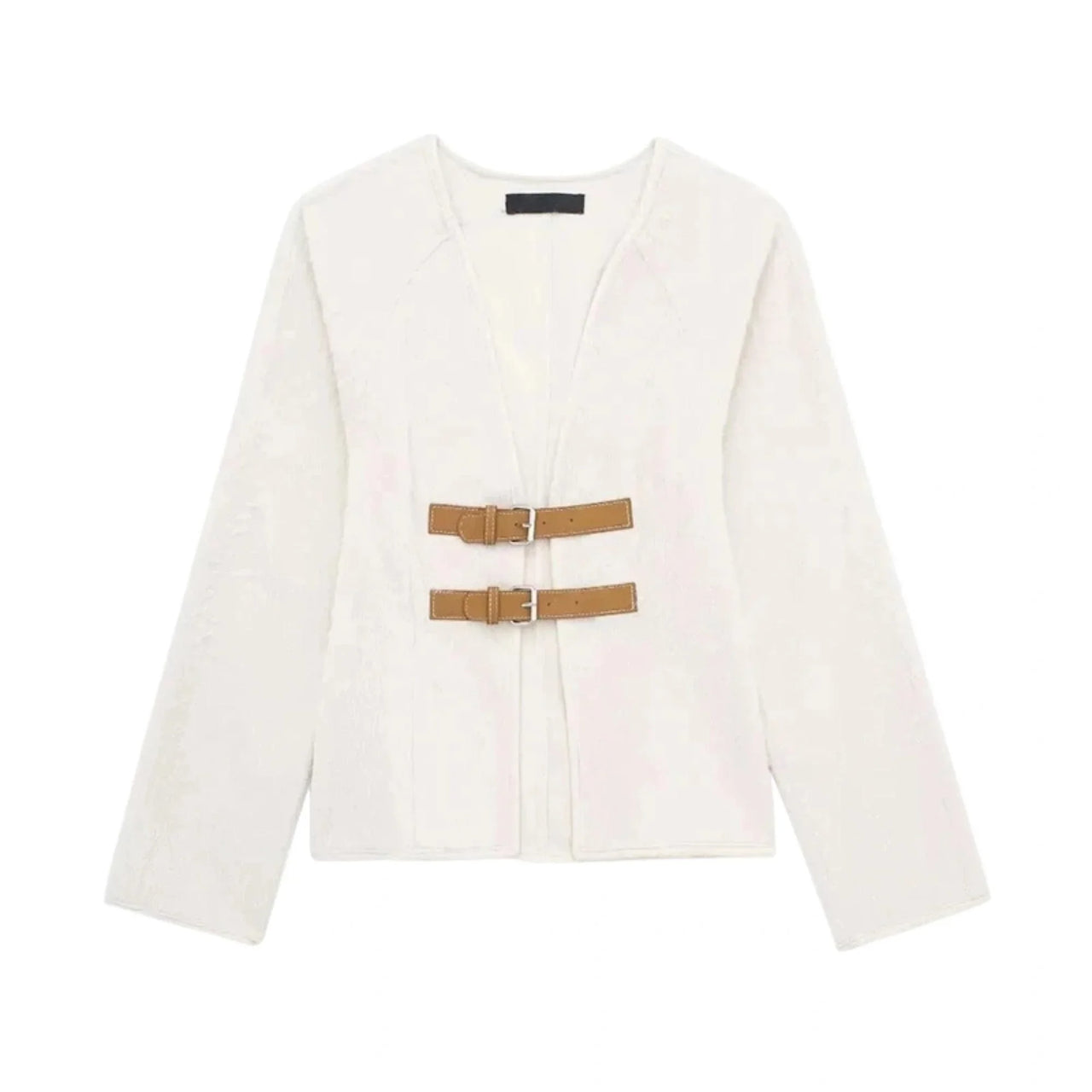 White sweater jacket with brown buckles on a white background