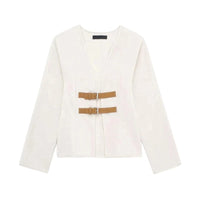 Thumbnail for White sweater jacket with brown buckles on a white background