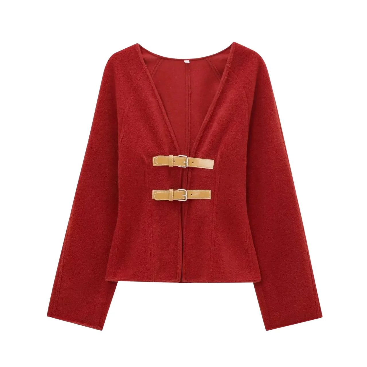 Red sweater jacket with brown buckles on a white background