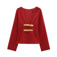 Thumbnail for Red sweater jacket with brown buckles on a white background