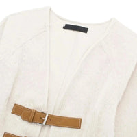 Thumbnail for Women's Leather-Buckle Sweater Jacket Elegant Single Breasted Sweater