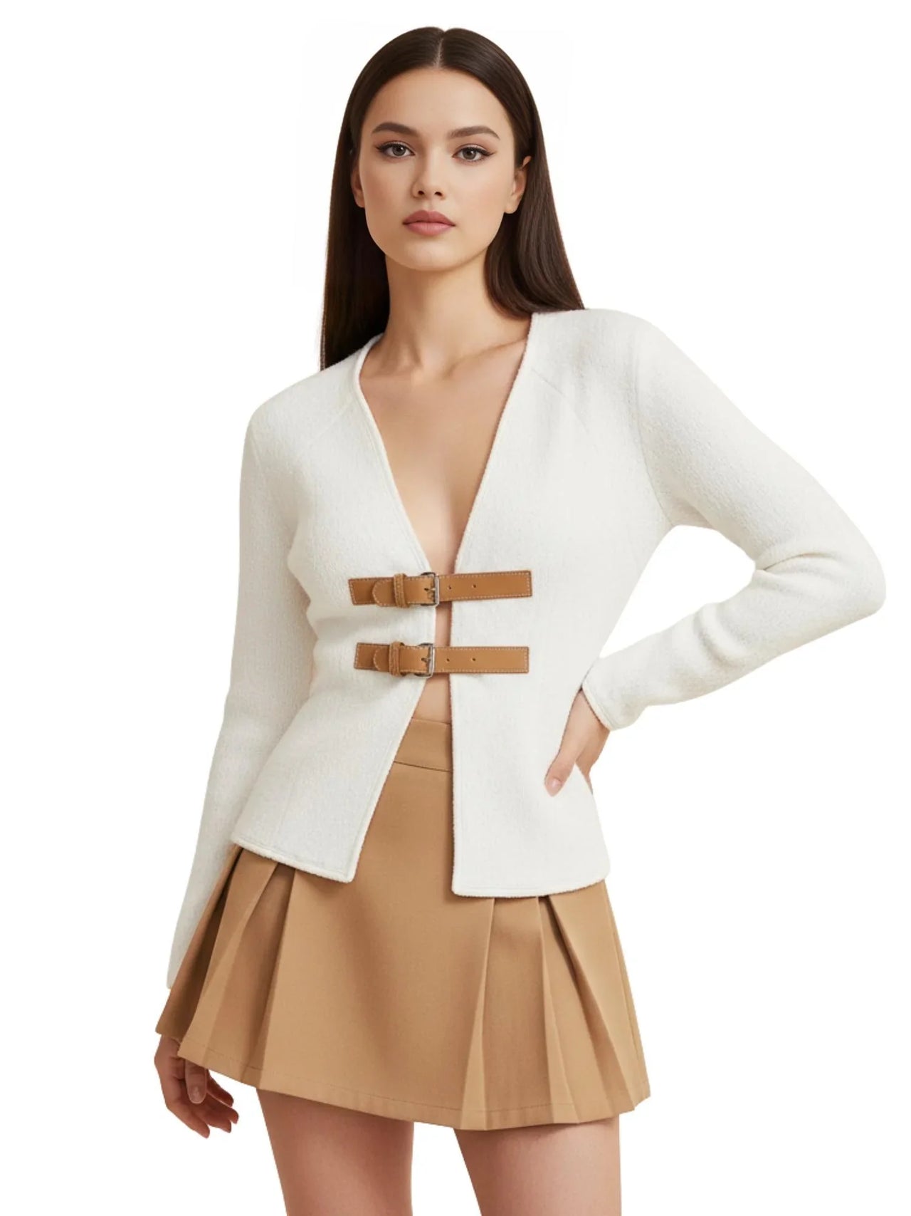 Woman wearing a white sweater with brown belt and beige skirt on a white background