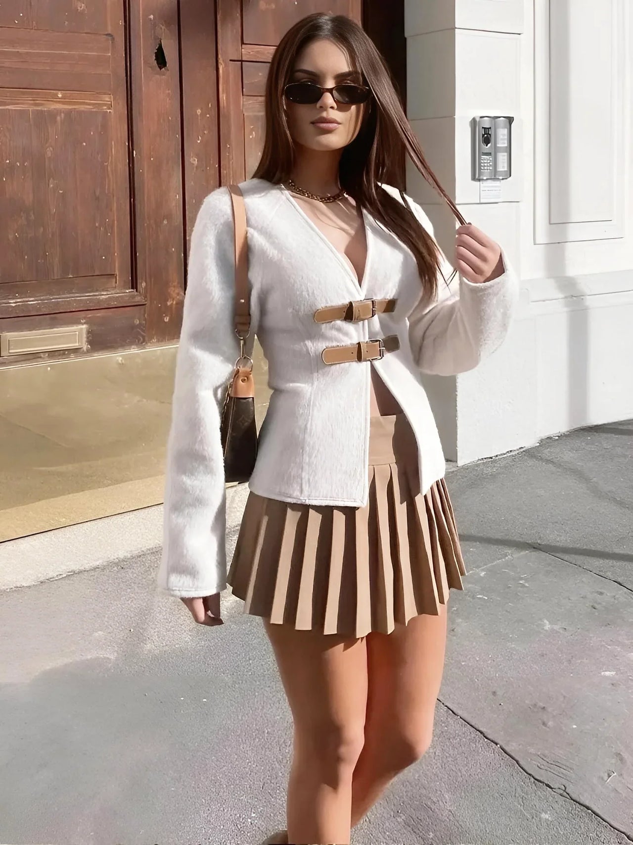 Women's Leather-Buckle Sweater Jacket Elegant Single Breasted Sweater