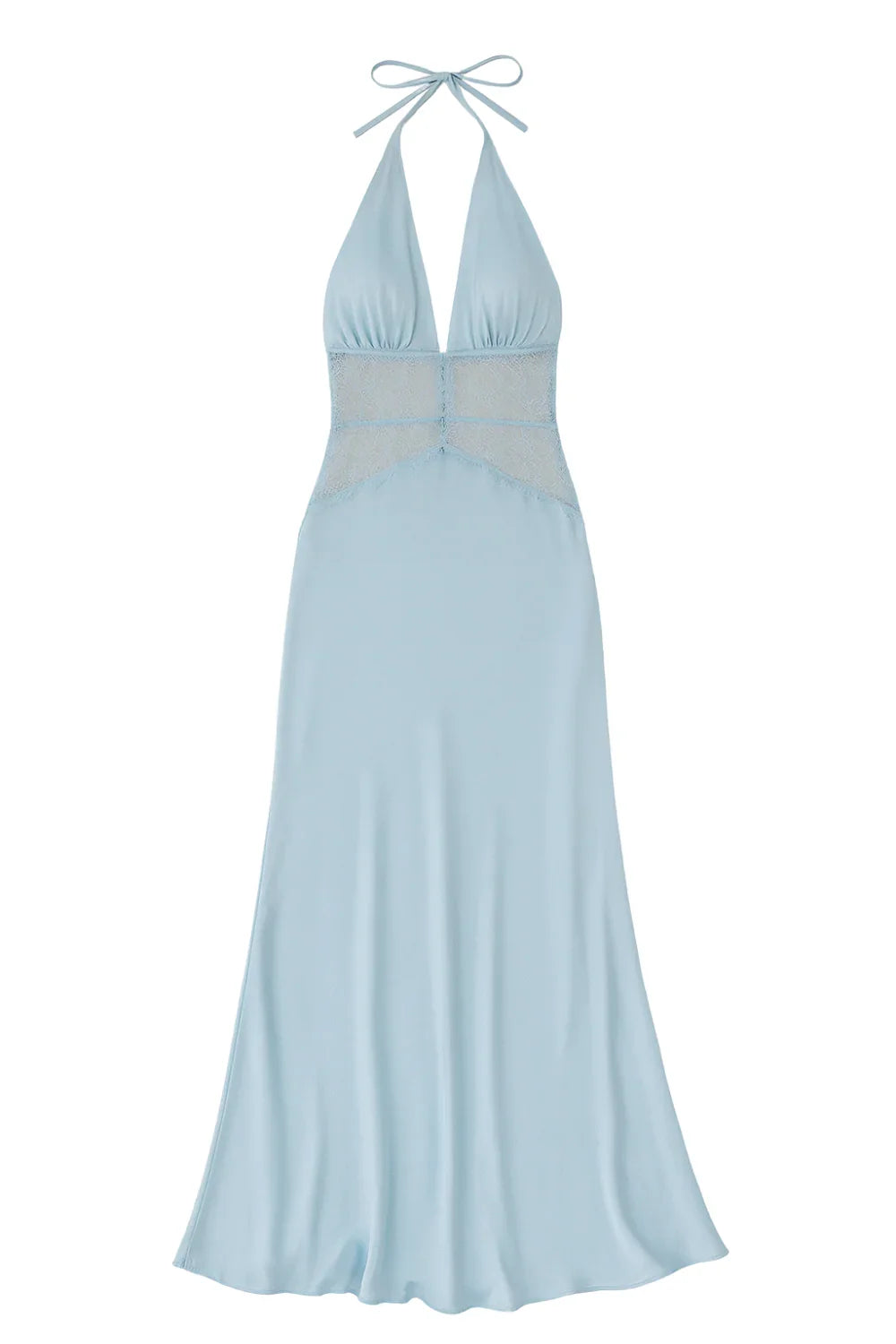 Light blue halter neck dress on a white background
