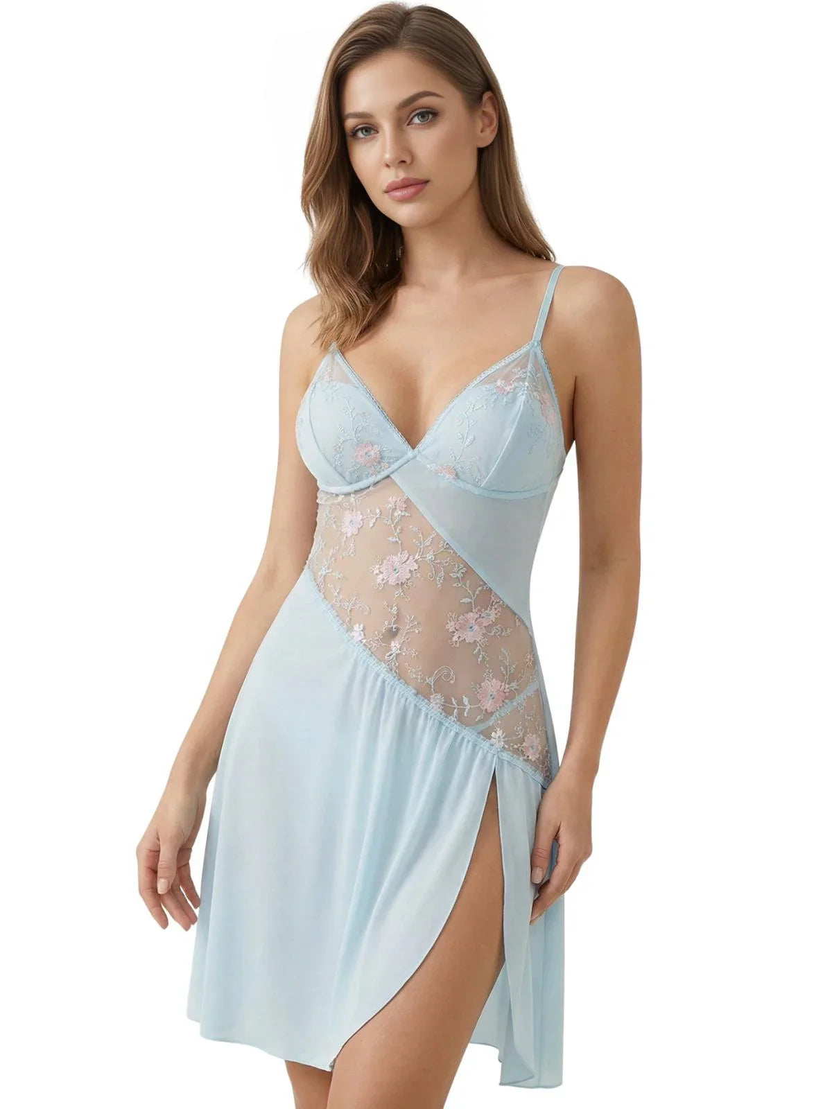 Woman wearing a short light blue nightgown with sheer floral embroidery lace inlay on a white background