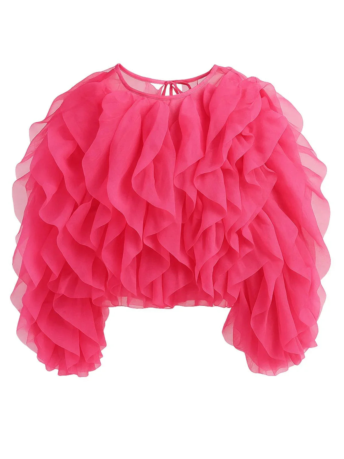 Pink ruffled top on a white background