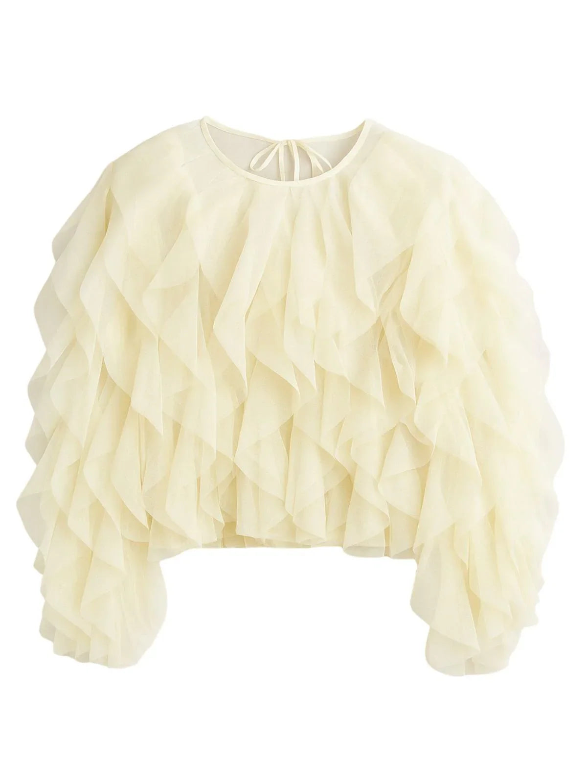Cream-colored blouse with ruffled sleeves on a white background