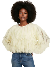 Thumbnail for Woman wearing a light-colored blouse with puffed sleeves and blue jeans on a white background