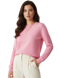 Thumbnail for Woman wearing a pink sweater and white pants on a white background