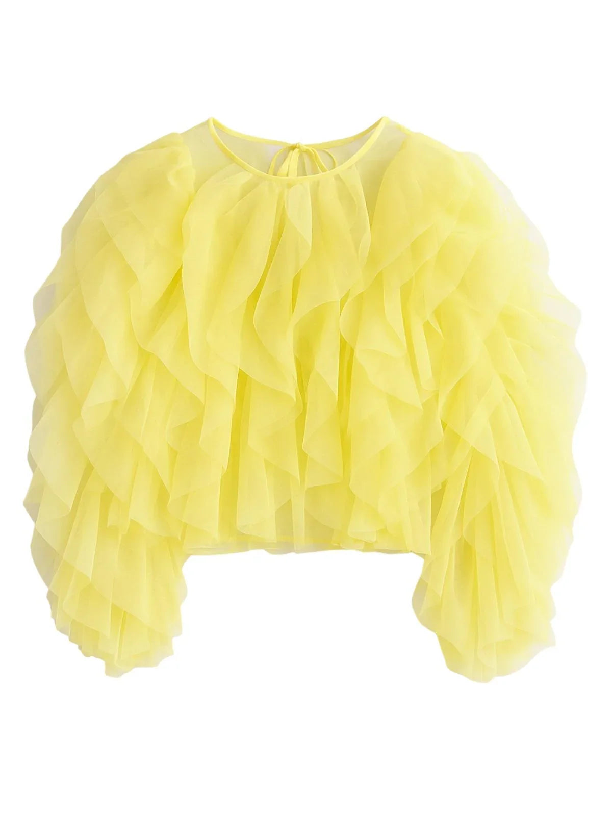Yellow ruffled blouse on a white background