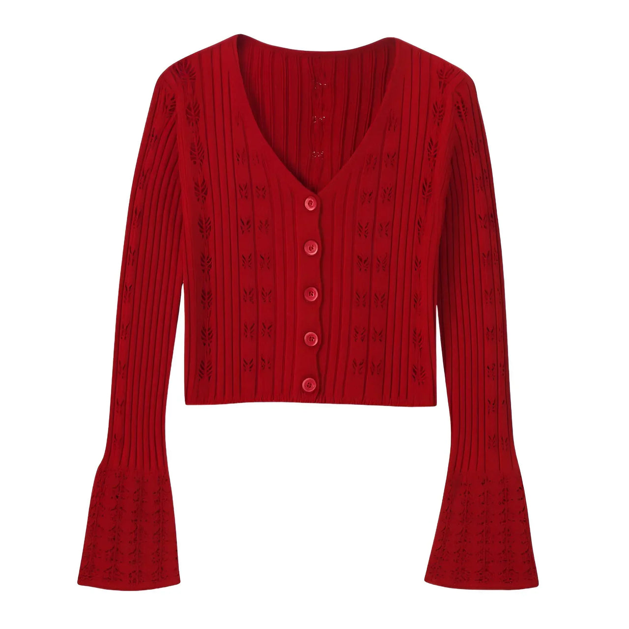 Red crop cardigan with button details on a white background