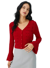 Thumbnail for Woman wearing a red crop cardigan with a gray midi skirt on a white background