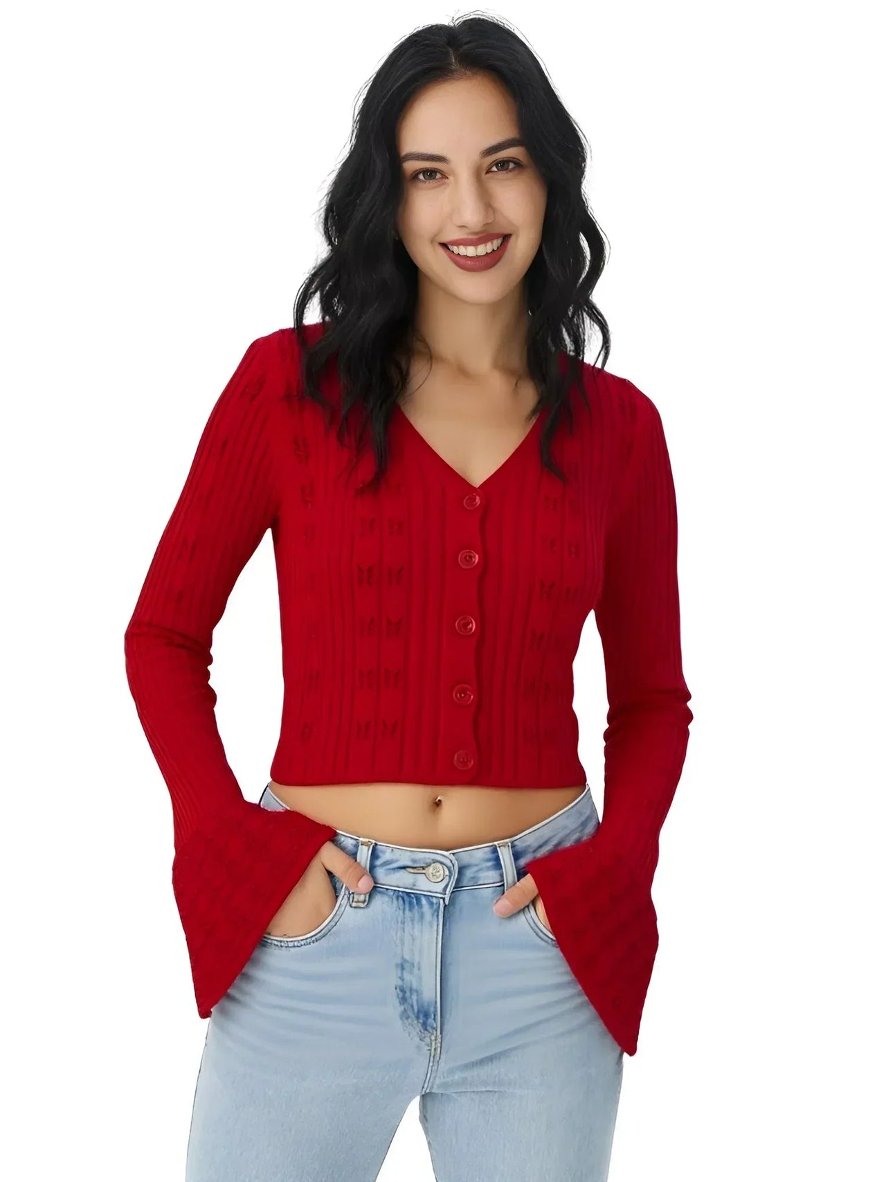 Woman wearing a red cardigan and light blue jeans on a white background